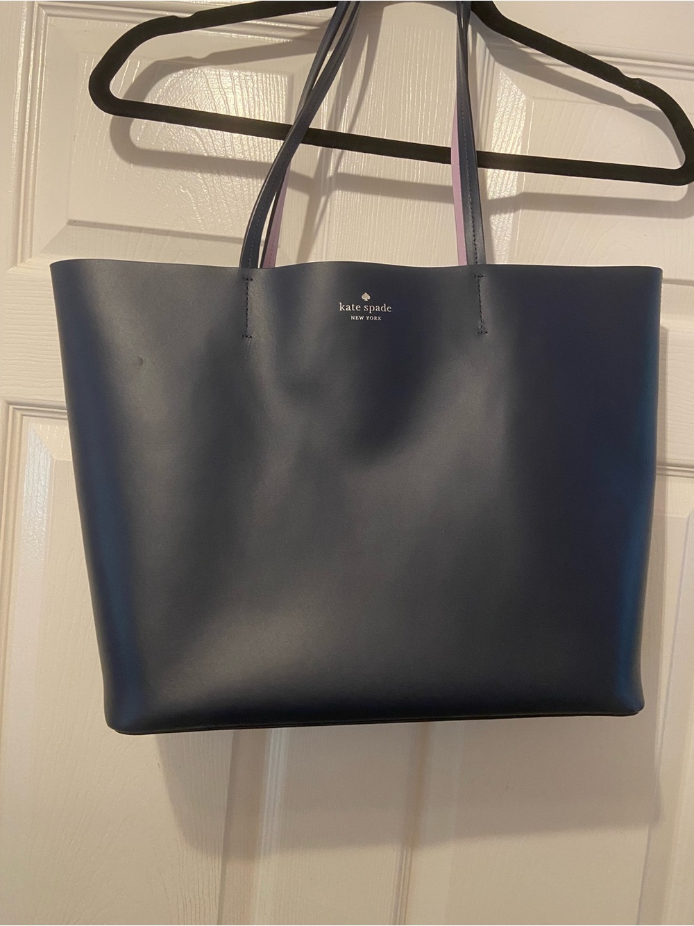 kate spade navy leather tote with purple -lined straps